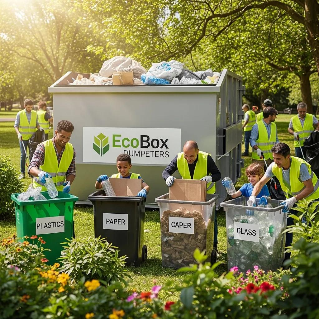 Community clean-up event with EcoBox Dumpsters, emphasizing eco-friendly waste disposal and recycling practices