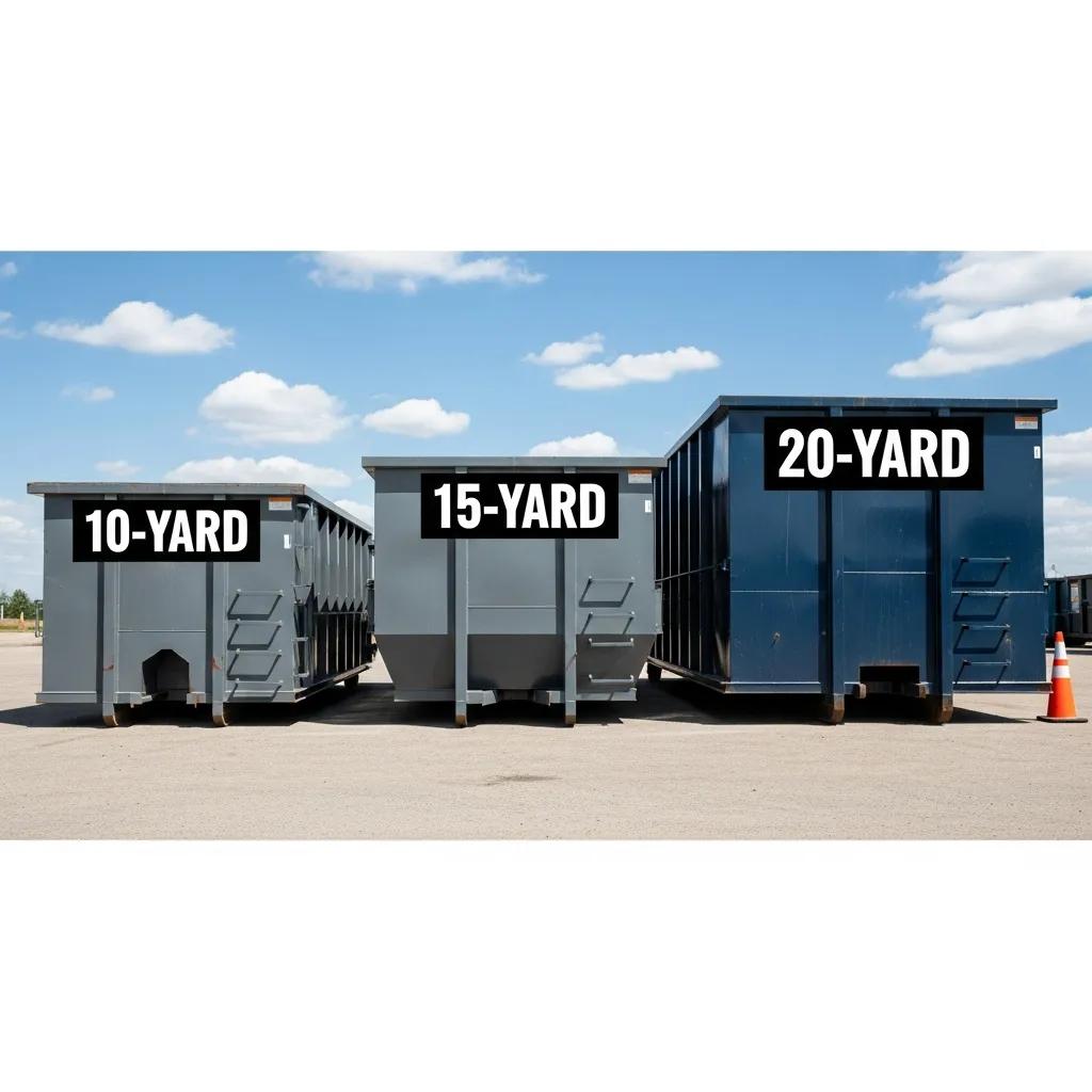 Comparison of 10, 15, and 20 cubic yard roll-off dumpsters, highlighting size differences for rental options