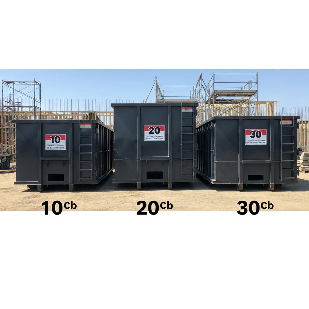 Comparison of 10, 20, and 30 cubic yard roll-off dumpsters at a construction site