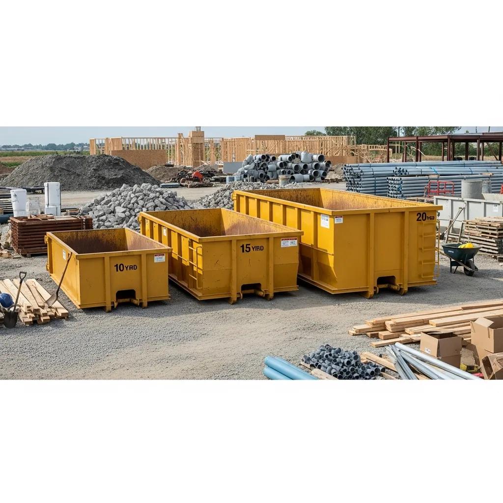 Comparison of 10-Yard, 15-Yard, and 20-Yard roll-off dumpsters at a construction site, illustrating different sizes for waste management
