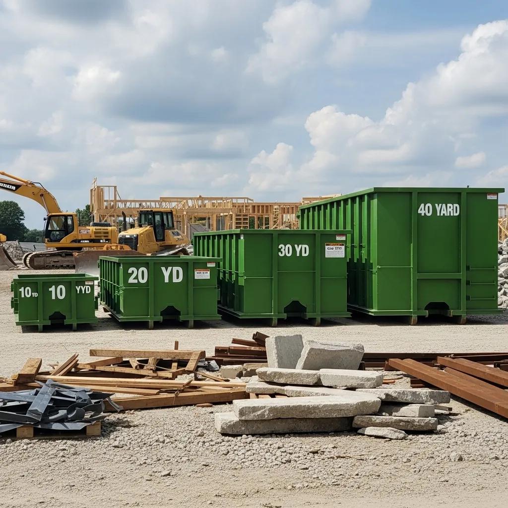 Comparison of different roll-off dumpster sizes from 10 to 40 yards at a construction site