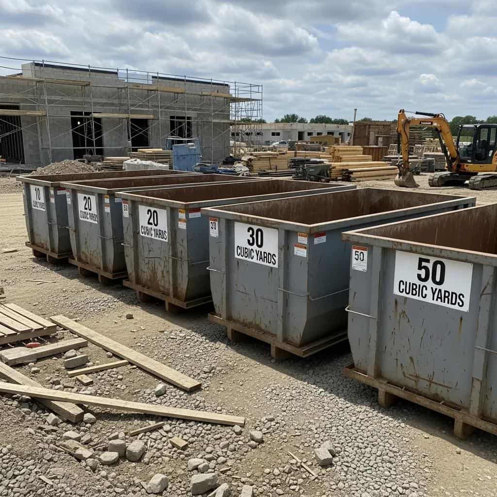 Comparison of different roll off dumpster sizes in a construction yard, highlighting capacity