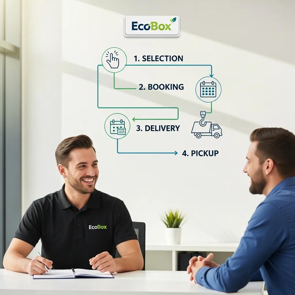 Customer discussing dumpster rental process with EcoBox representative