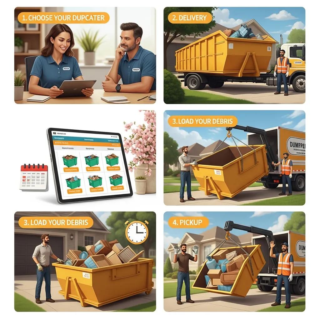 Customer service interaction about dumpster rental process with a delivery truck in the background