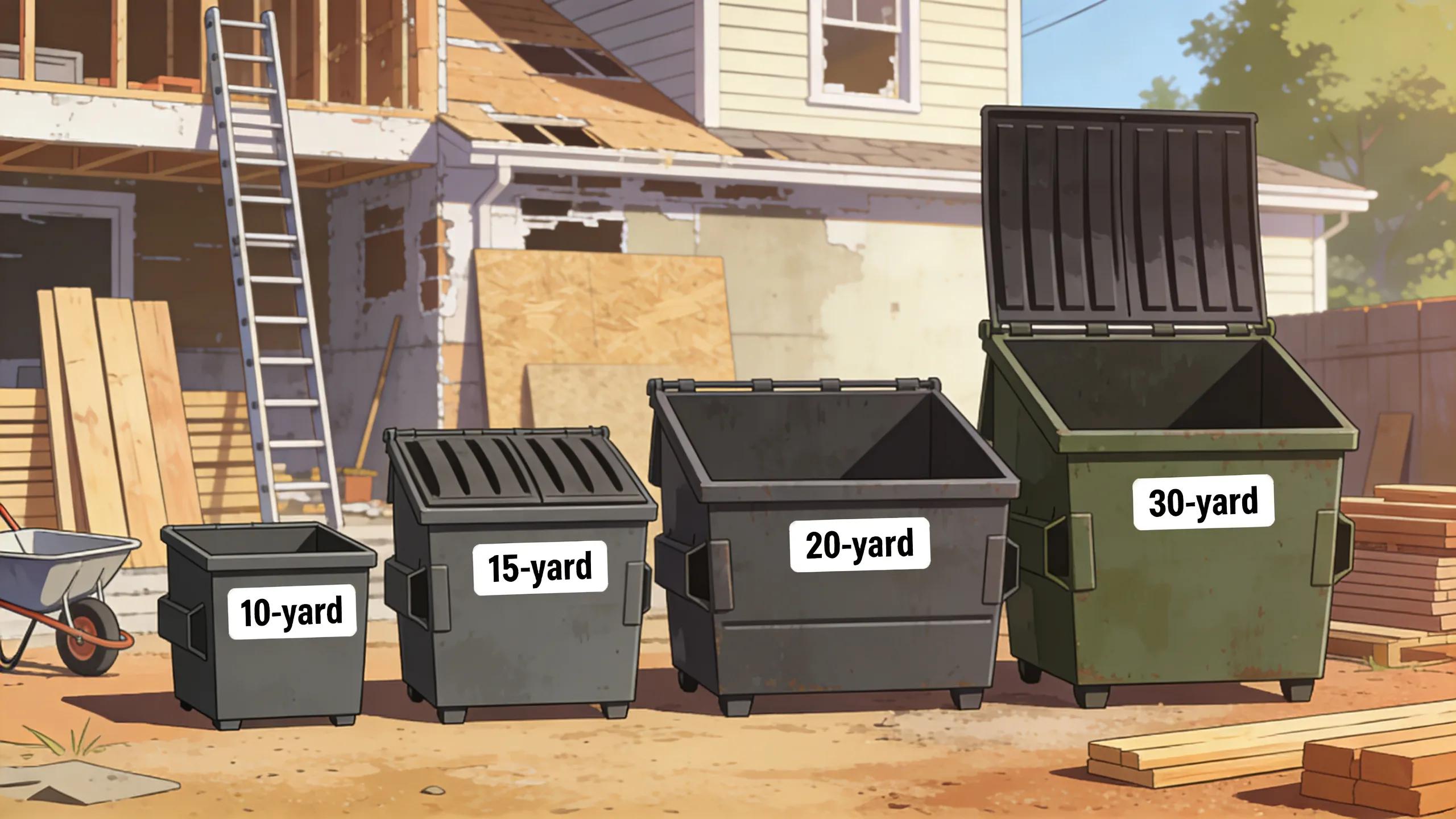 Illustration of various dumpster sizes from 10 to 30 yards, representing options for homeowners in North Chicago