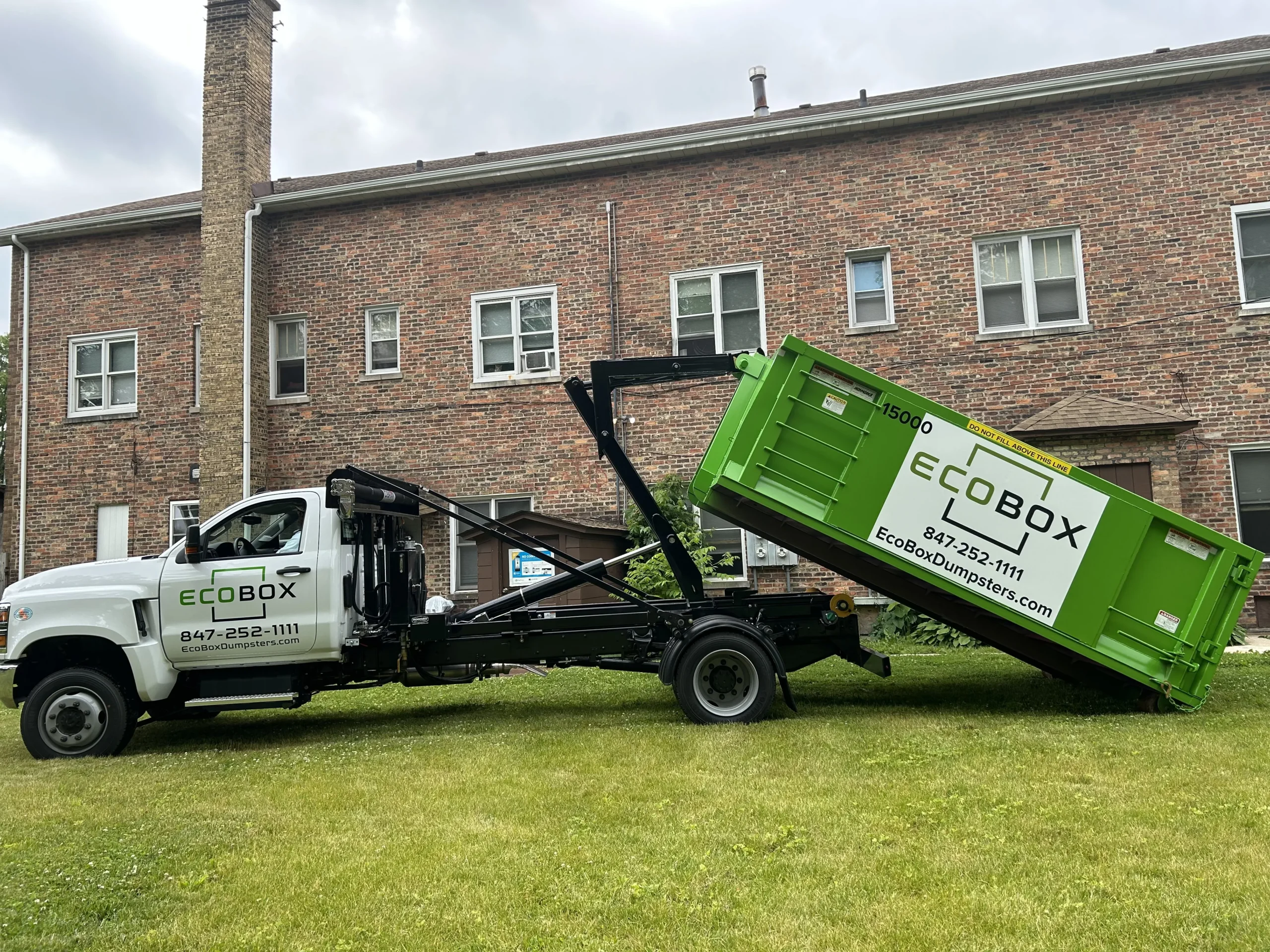 EcoBox Dumpsters truck and roll-off container in Lake Forest, IL, providing eco-friendly waste management services