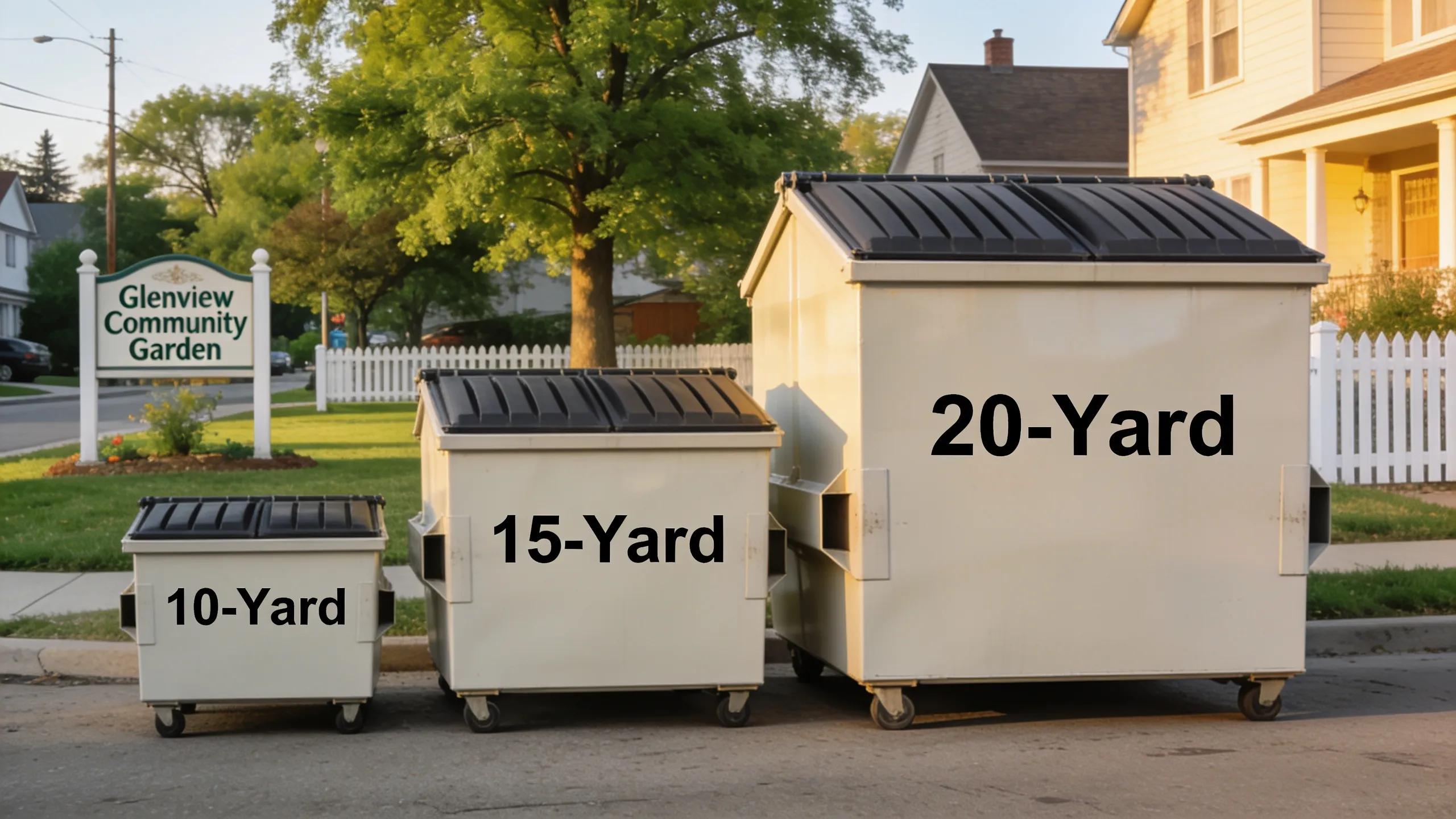 Comparison of 10-yard, 15-yard, 20-yard, 30-yard, and 40-yard dumpsters in a Glenview neighborhood, illustrating rental options
