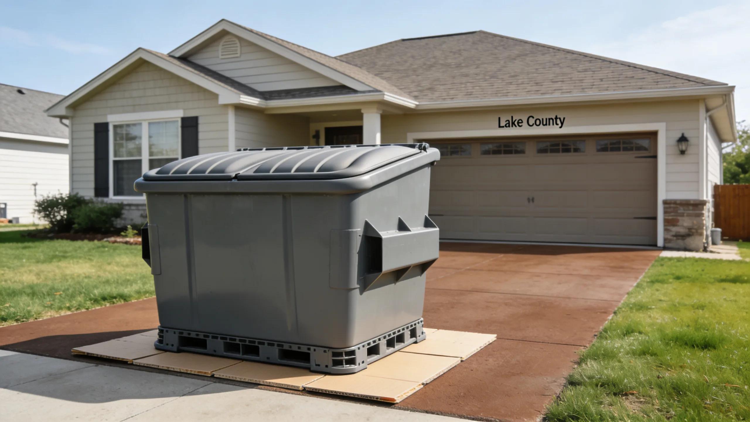 Driveway safe dumpster with protective boards on a residential driveway, emphasizing safe placement practices