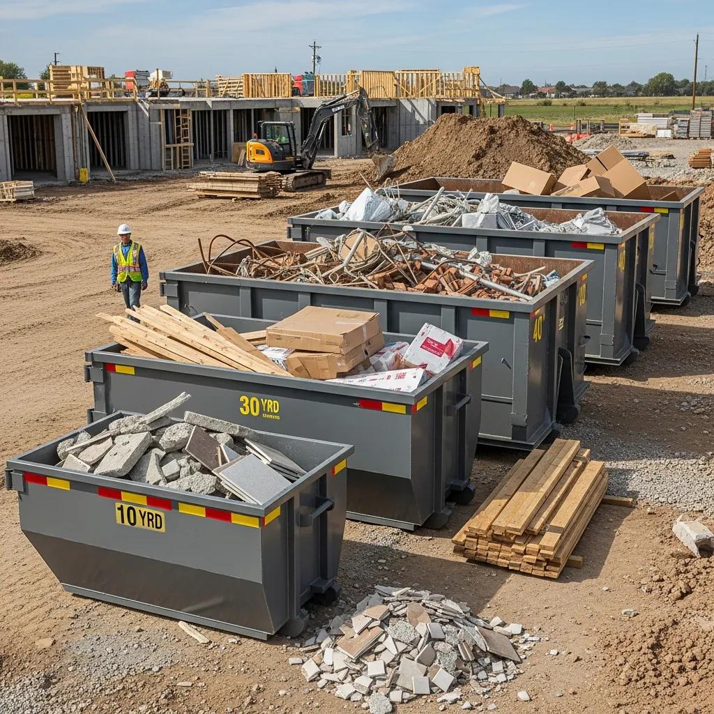 Different sizes of roll-off dumpsters at a construction site, illustrating available rental options