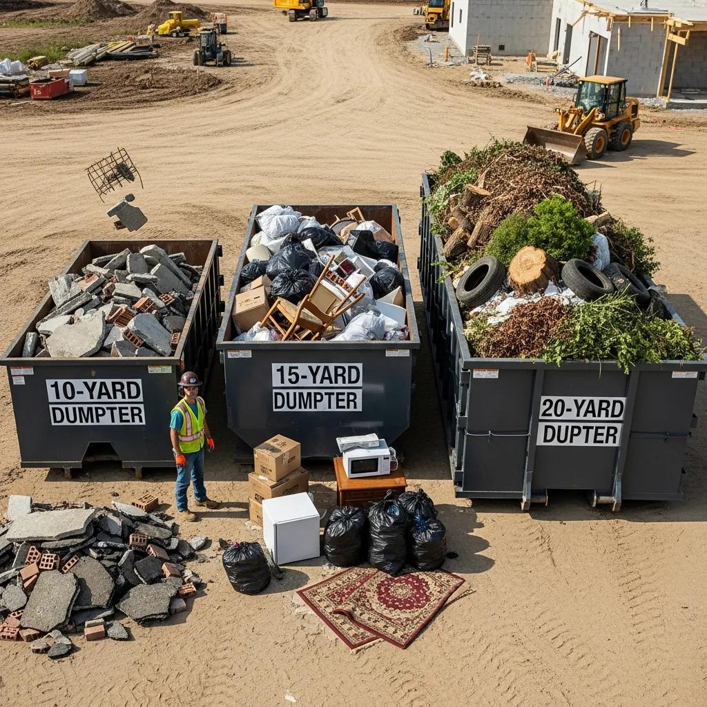 Different sizes of roll-off dumpsters at a construction site with various waste materials