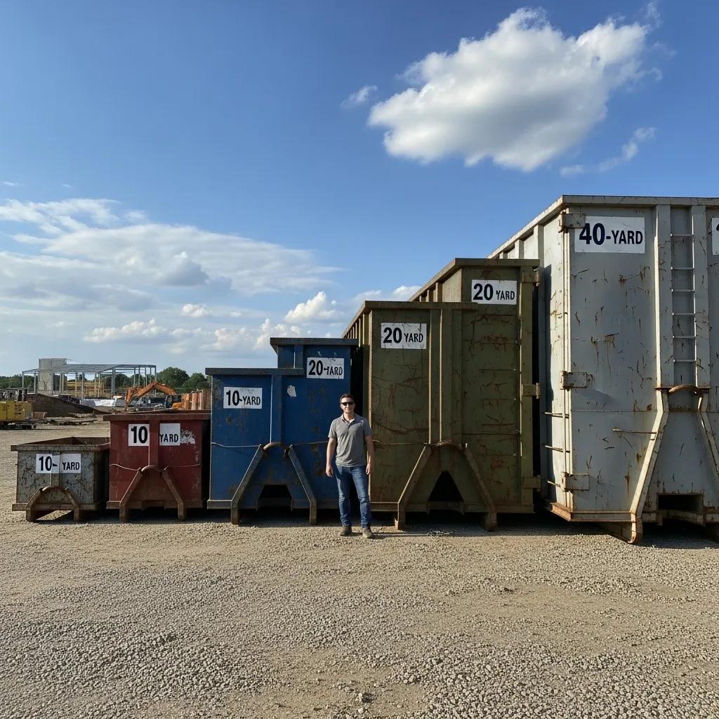 Different sizes of roll-off dumpsters displayed outdoors for comparison
