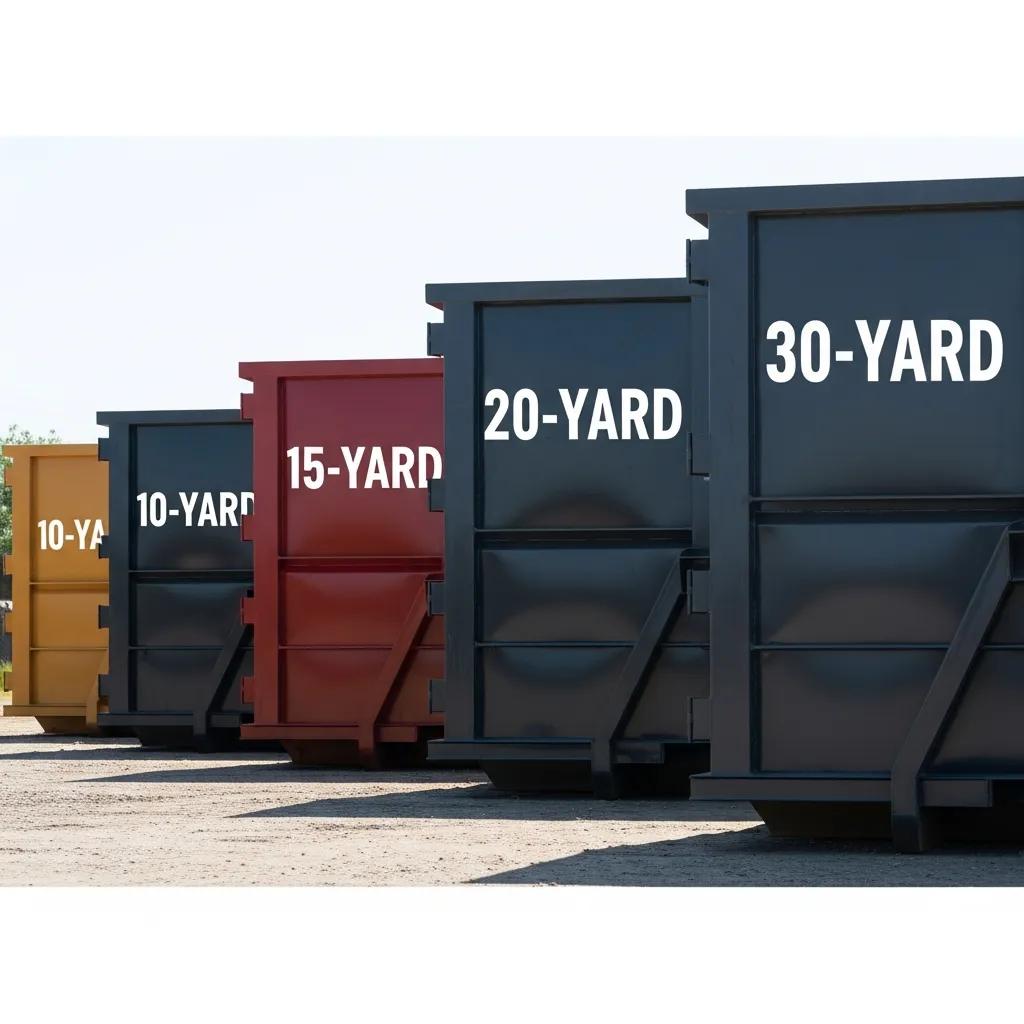 Different sizes of roll-off dumpsters displayed outdoors, illustrating the variety available for rental