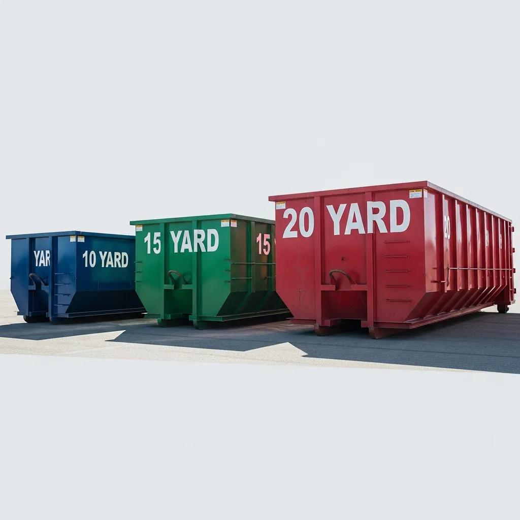 Different sizes of roll-off dumpsters including 10-yard, 15-yard, and 20-yard options for rental