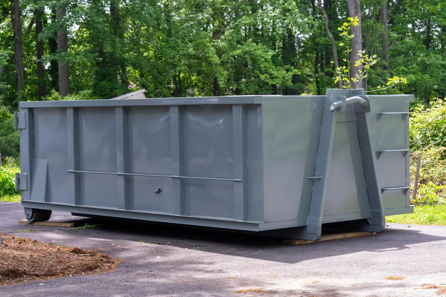 Large gray dumpster on a paved surface in a wooded area.