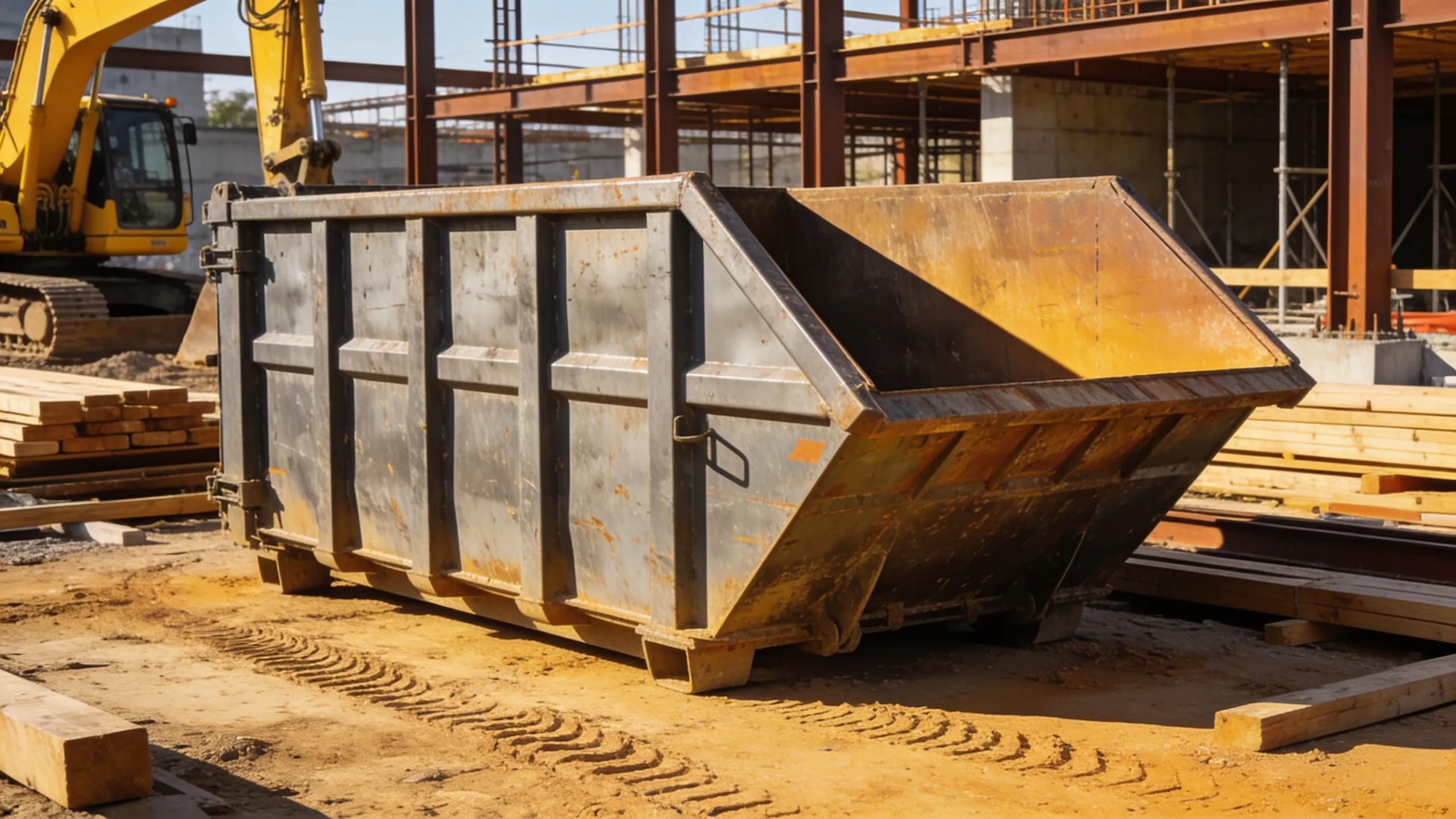 Roll-off dumpster at an urban construction site emphasizing efficient waste management solutions