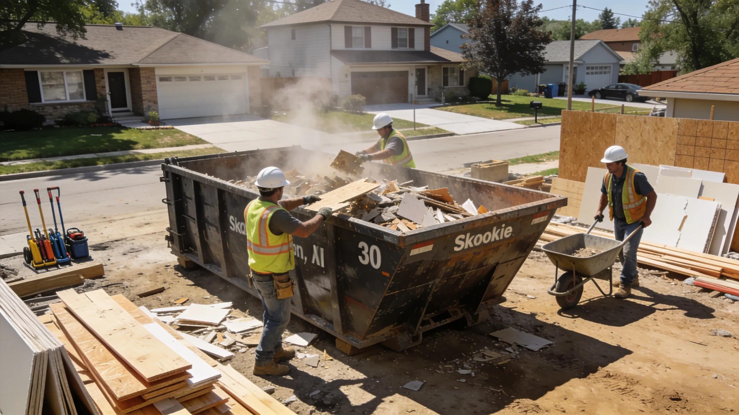 Construction site in Skokie with a 30-yard dumpster being used for home renovations