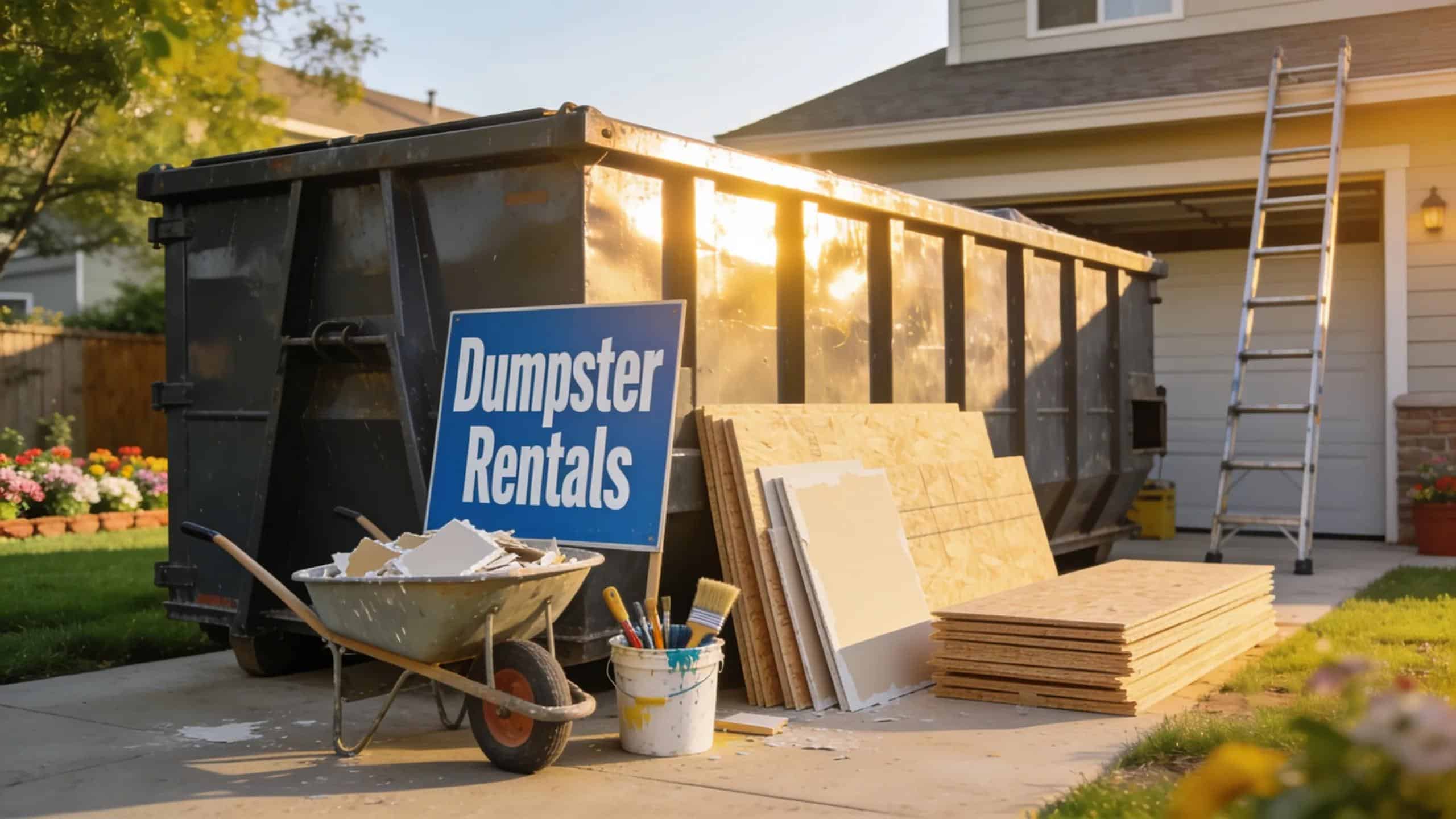 Affordable roll-off dumpster in a residential yard, symbolizing eco-friendly waste management solutions