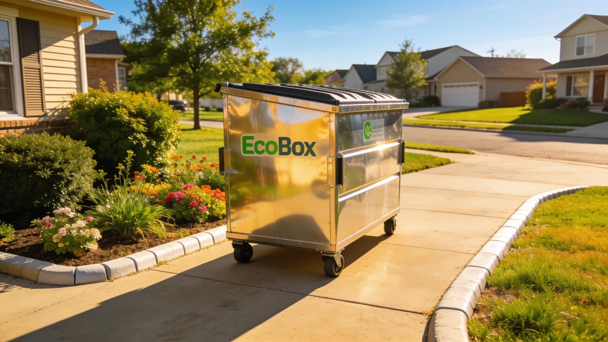 EcoBox dumpster in a residential driveway, emphasizing eco-friendly and aesthetic aspects of dumpster rental services