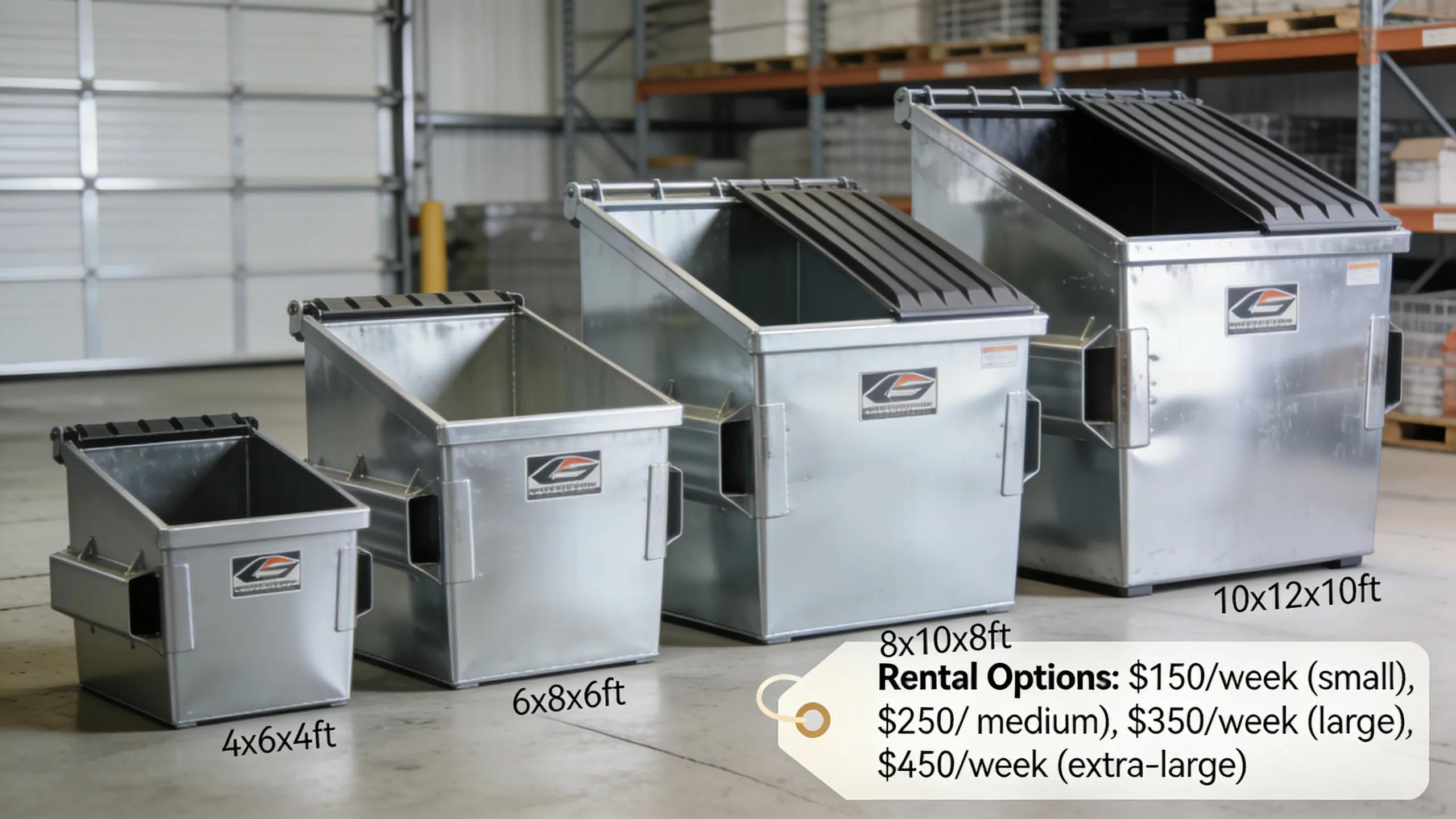 Various dumpster sizes displayed, illustrating options available for rental pricing