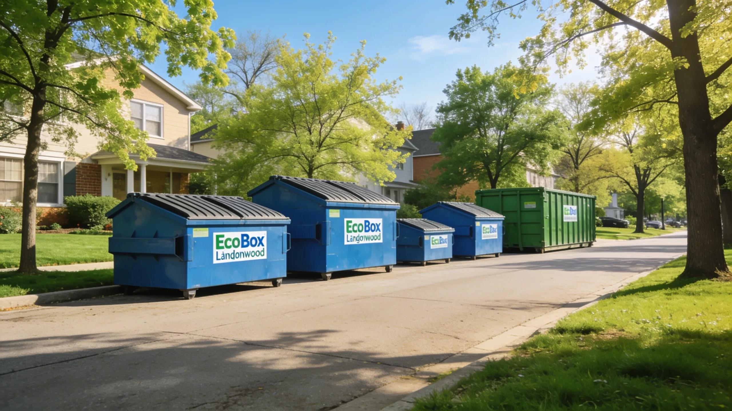 EcoBox dumpsters in Lincolnwood, IL, lined up on a residential street for waste removal.