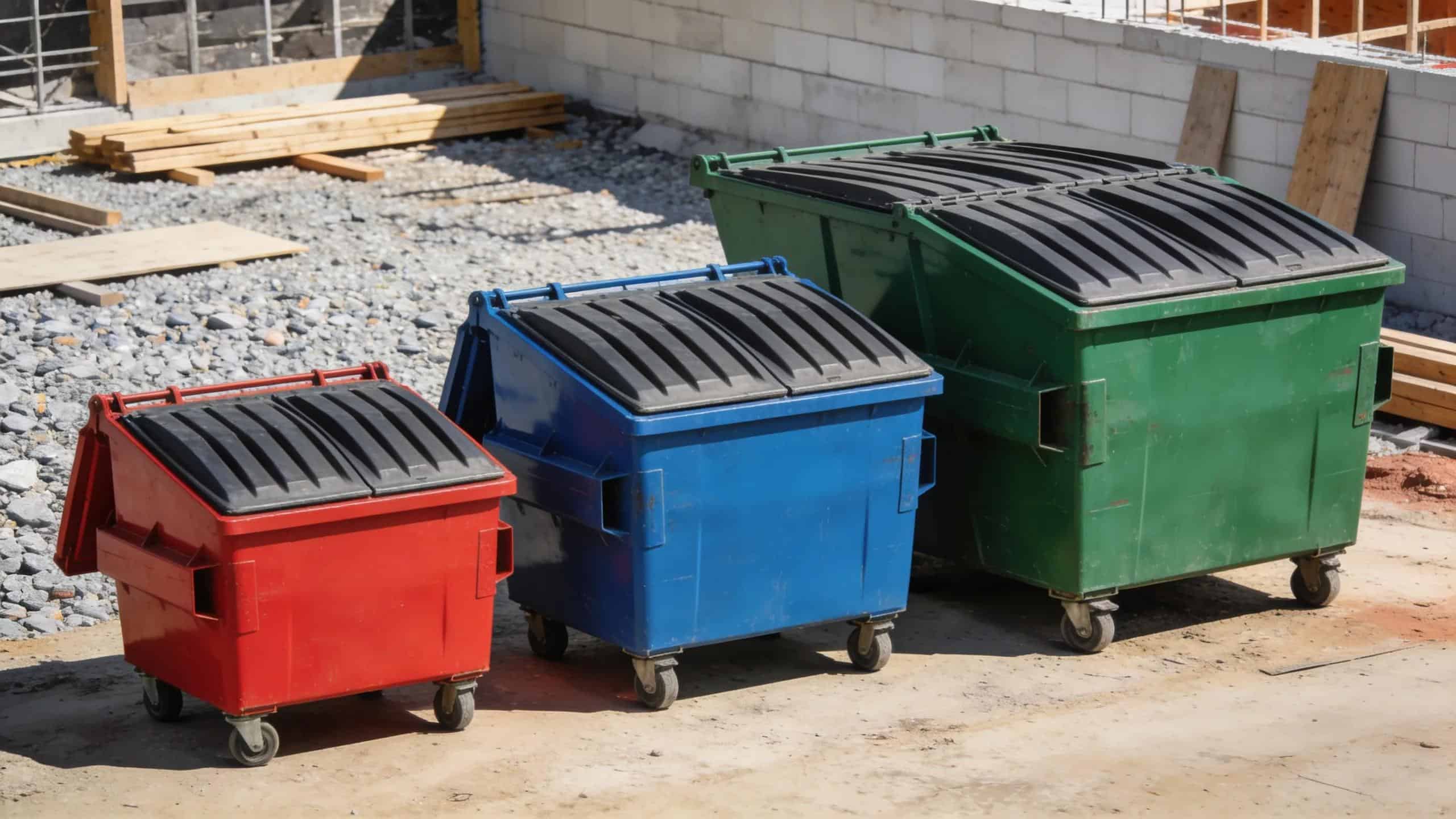 Different sizes of roll-off dumpsters on a construction site