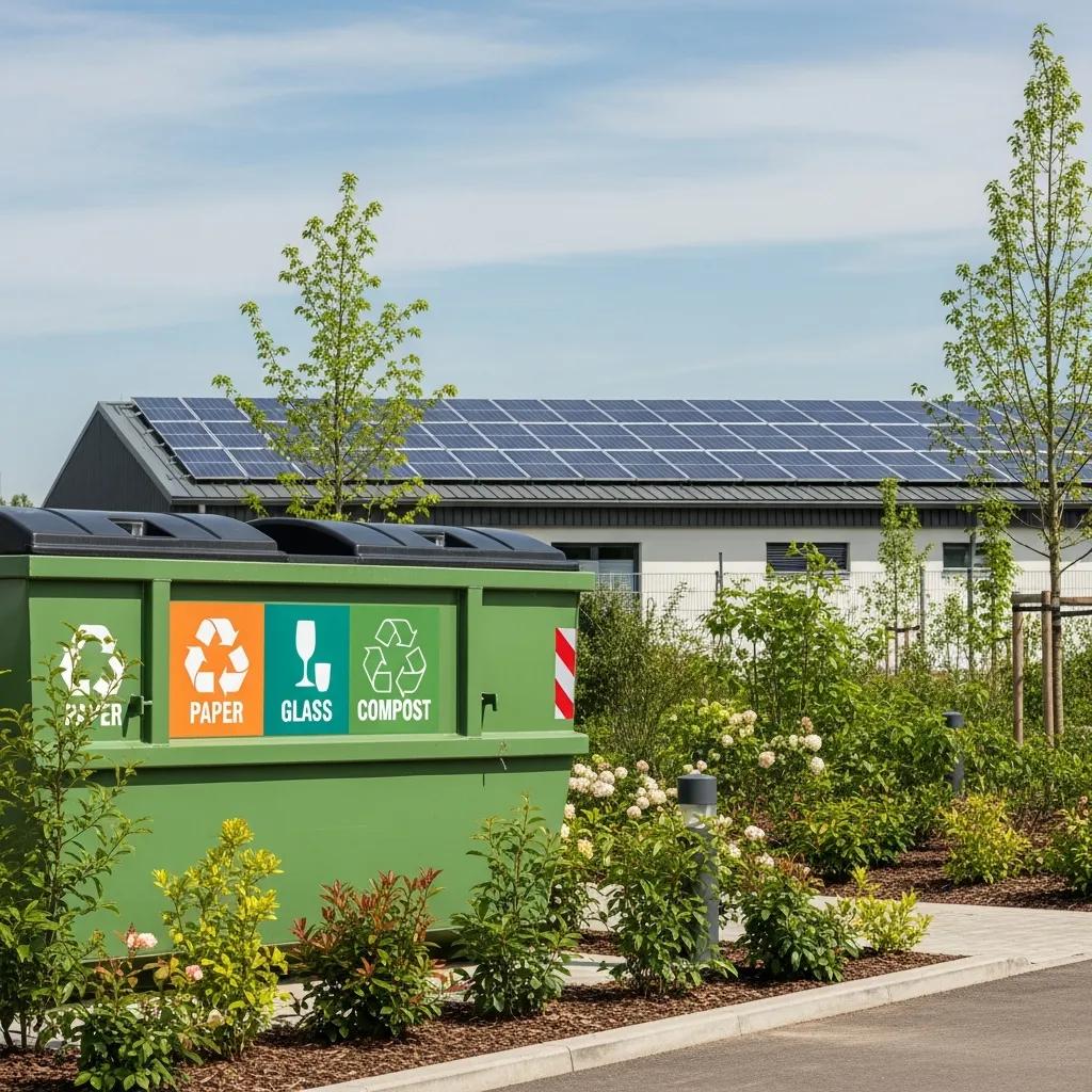 Eco-friendly dumpster rental options with recycling symbols and solar panels, highlighting sustainable waste management