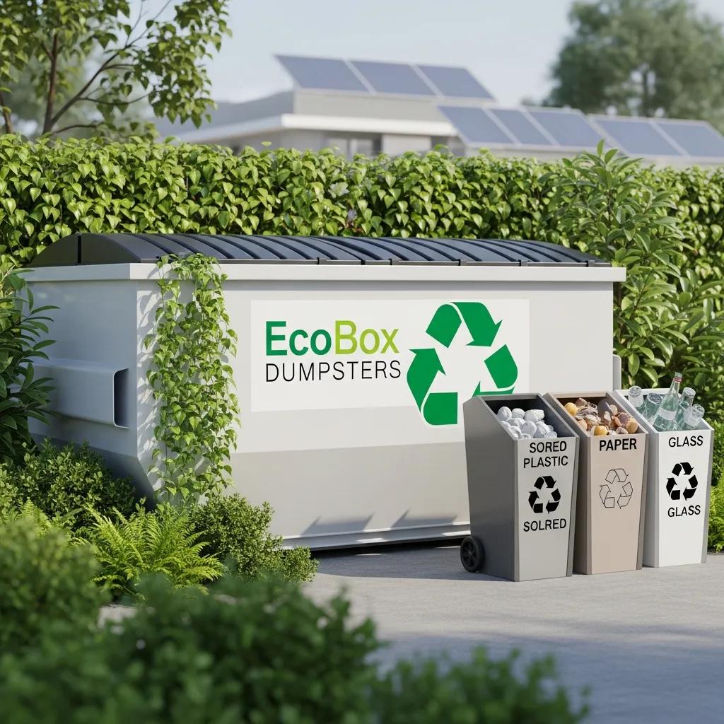 Eco-friendly dumpster with recycling symbol surrounded by greenery