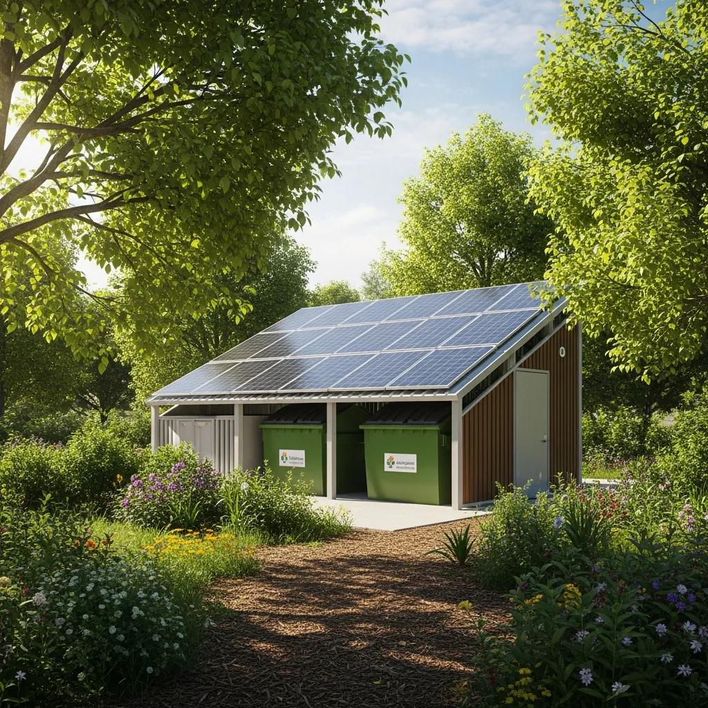 Eco-friendly dumpster with solar panels in a green environment