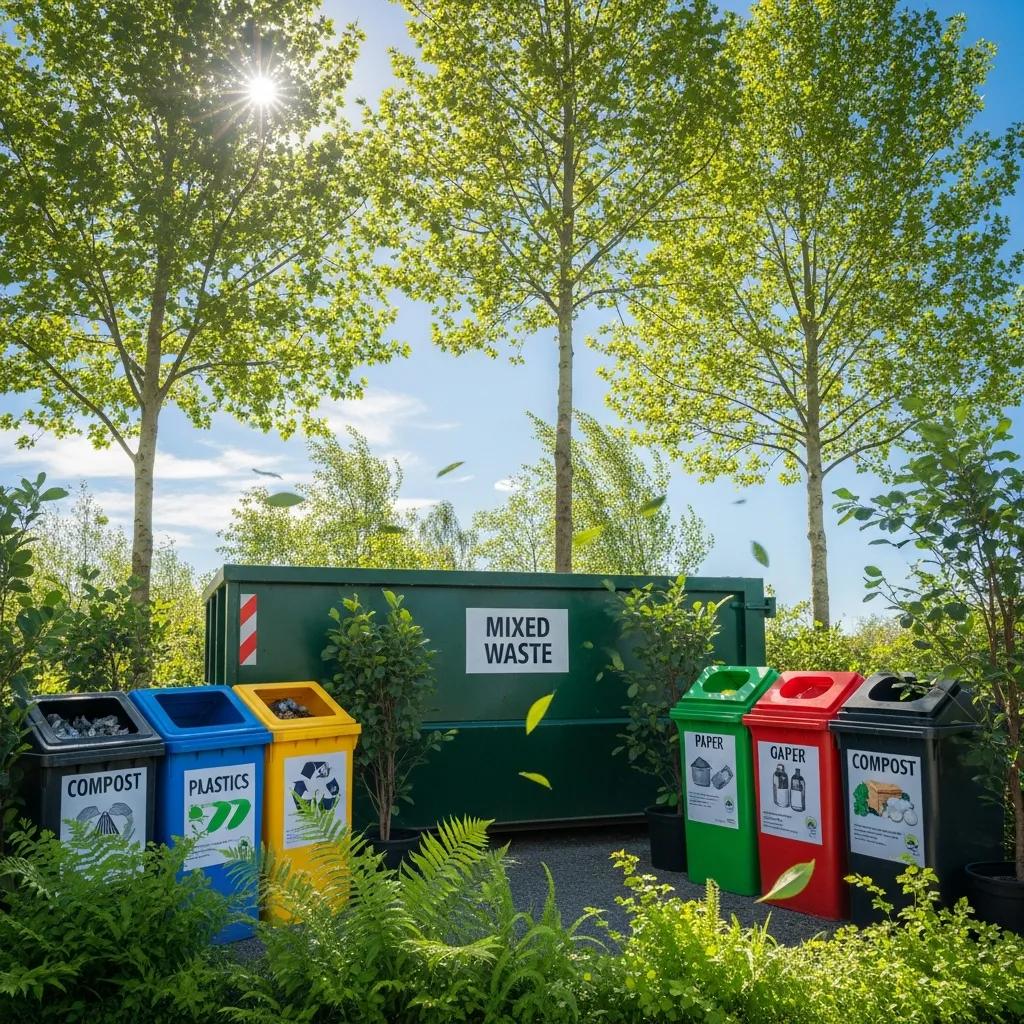Eco-friendly waste disposal practices with a roll-off dumpster and recycling bins in a green environment