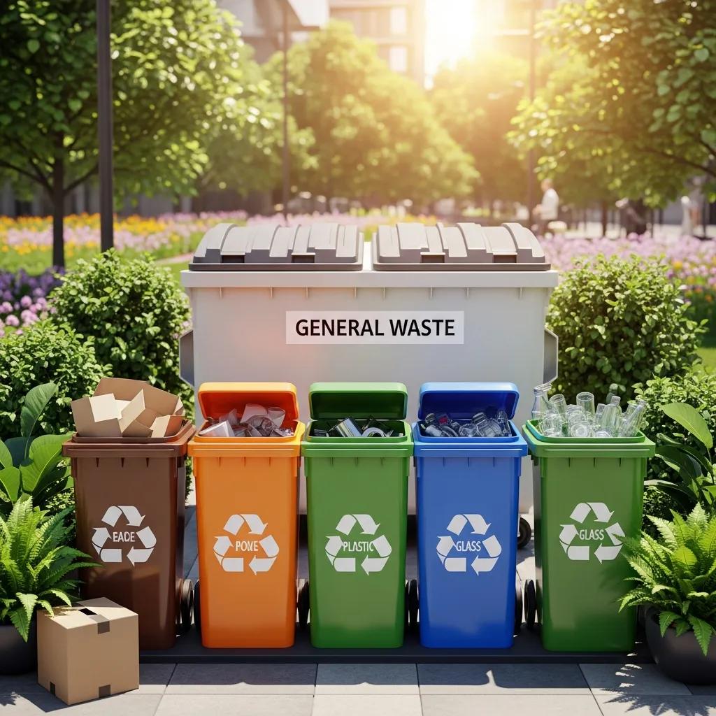 Eco-friendly waste disposal with recycling bins and green plants