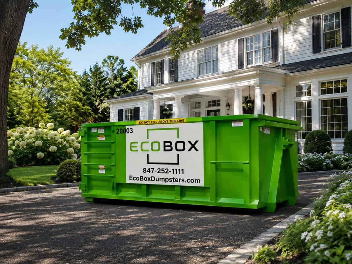 A roll-off dumpster on a suburban driveway during a household cleanout