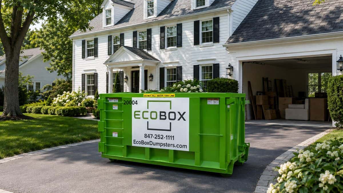 A roll-off dumpster on a suburban driveway during a household cleanout