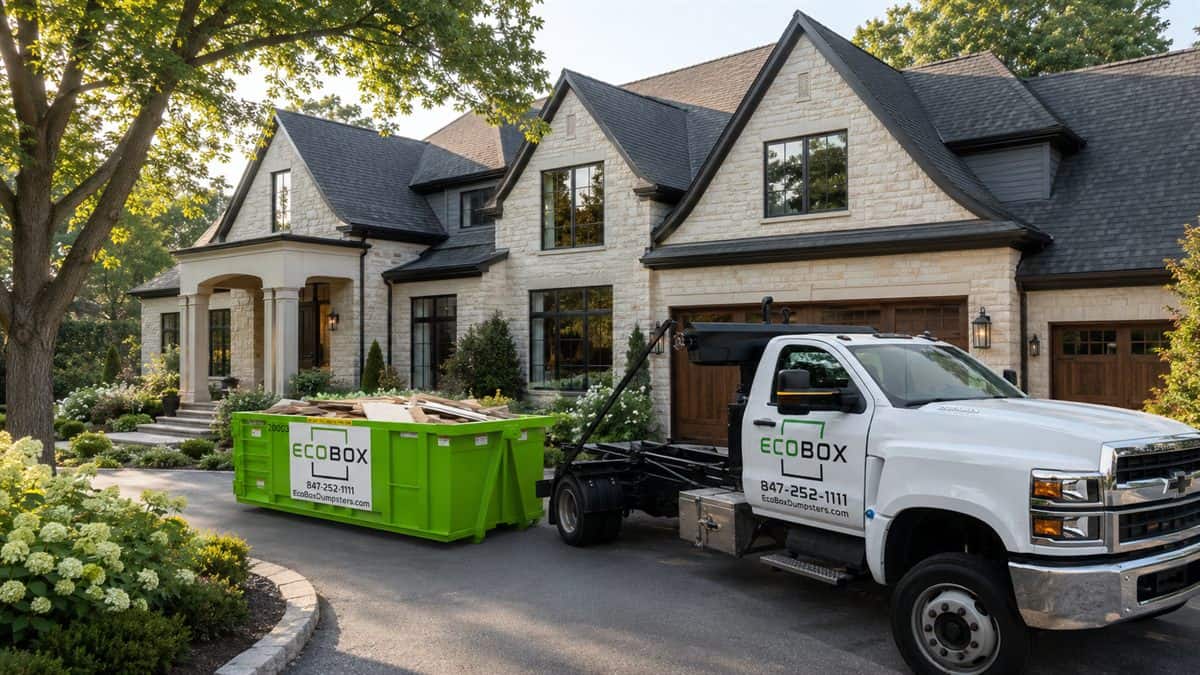A roll-off dumpster on a suburban driveway during a household cleanout