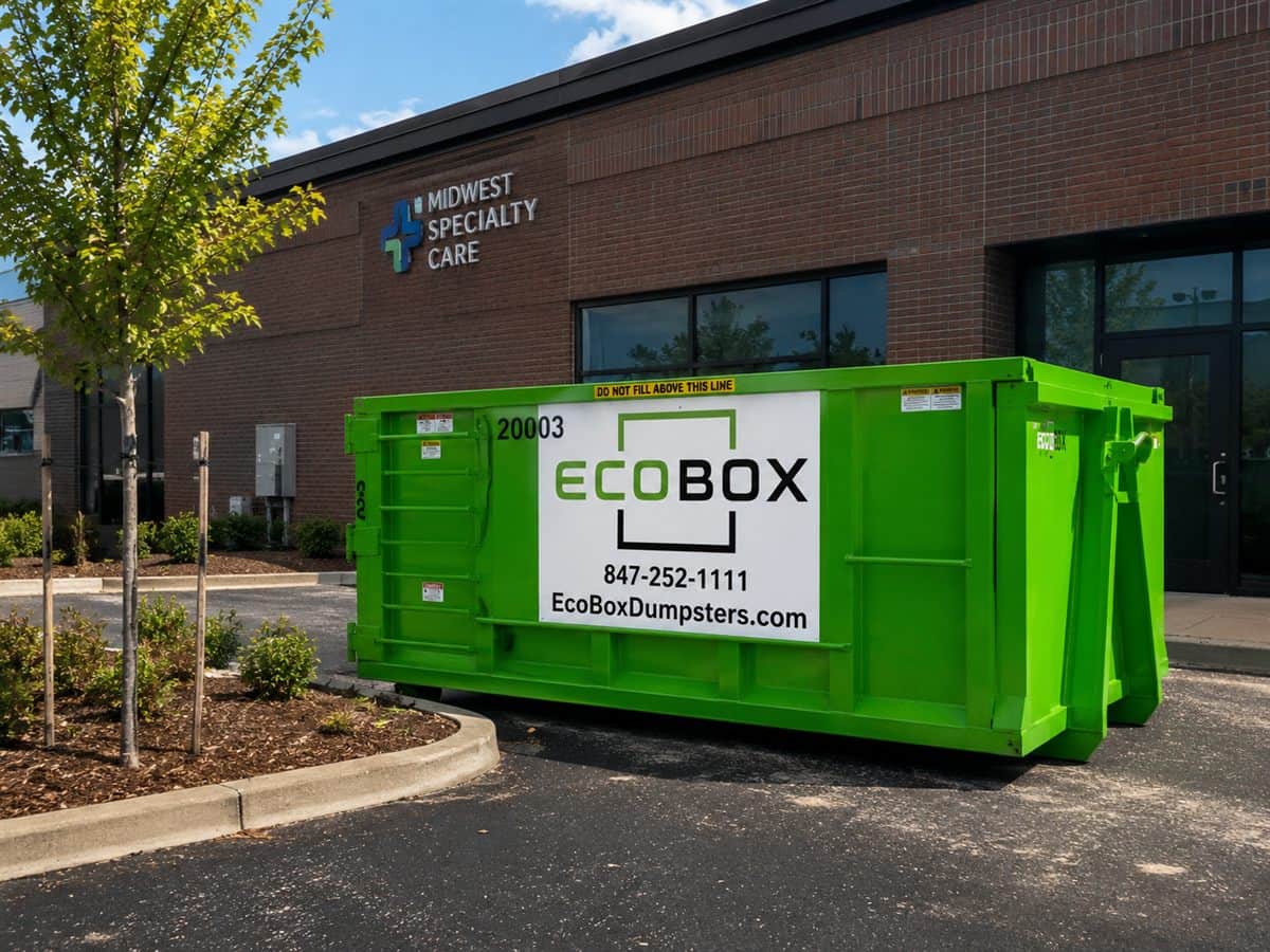 A roll-off dumpster outside a commercial building during a renovation