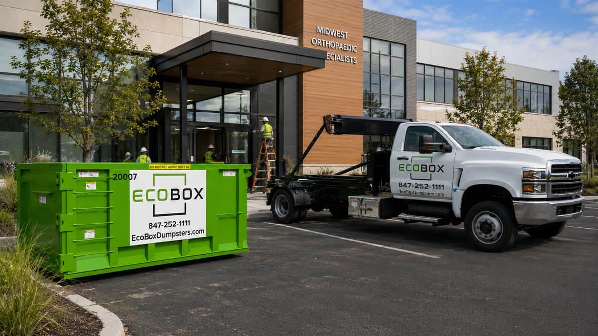 A roll-off dumpster outside a commercial building during a renovation