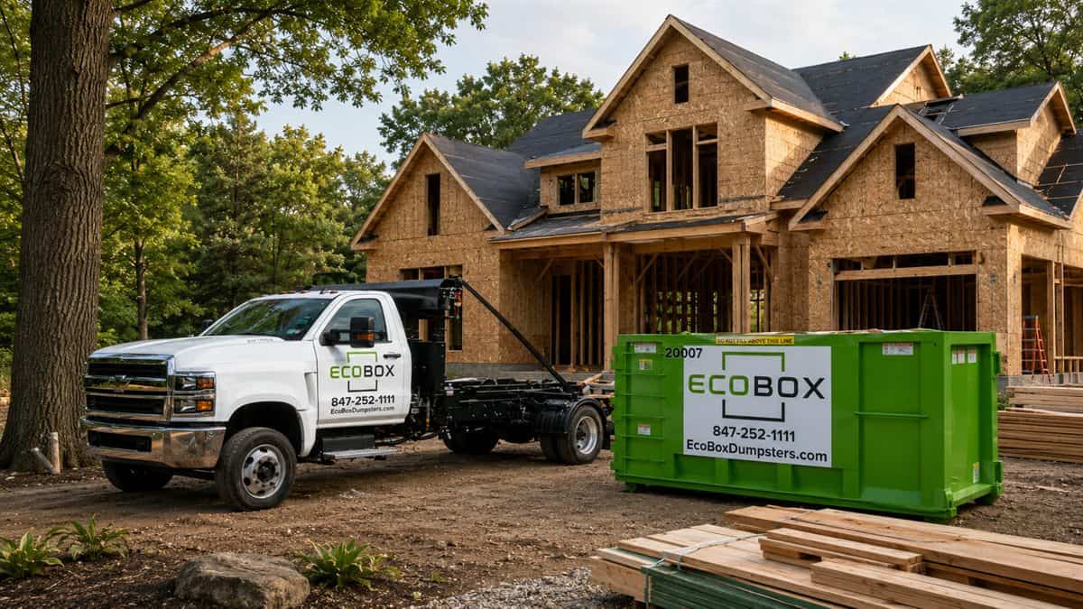 A roll-off dumpster at a house under construction