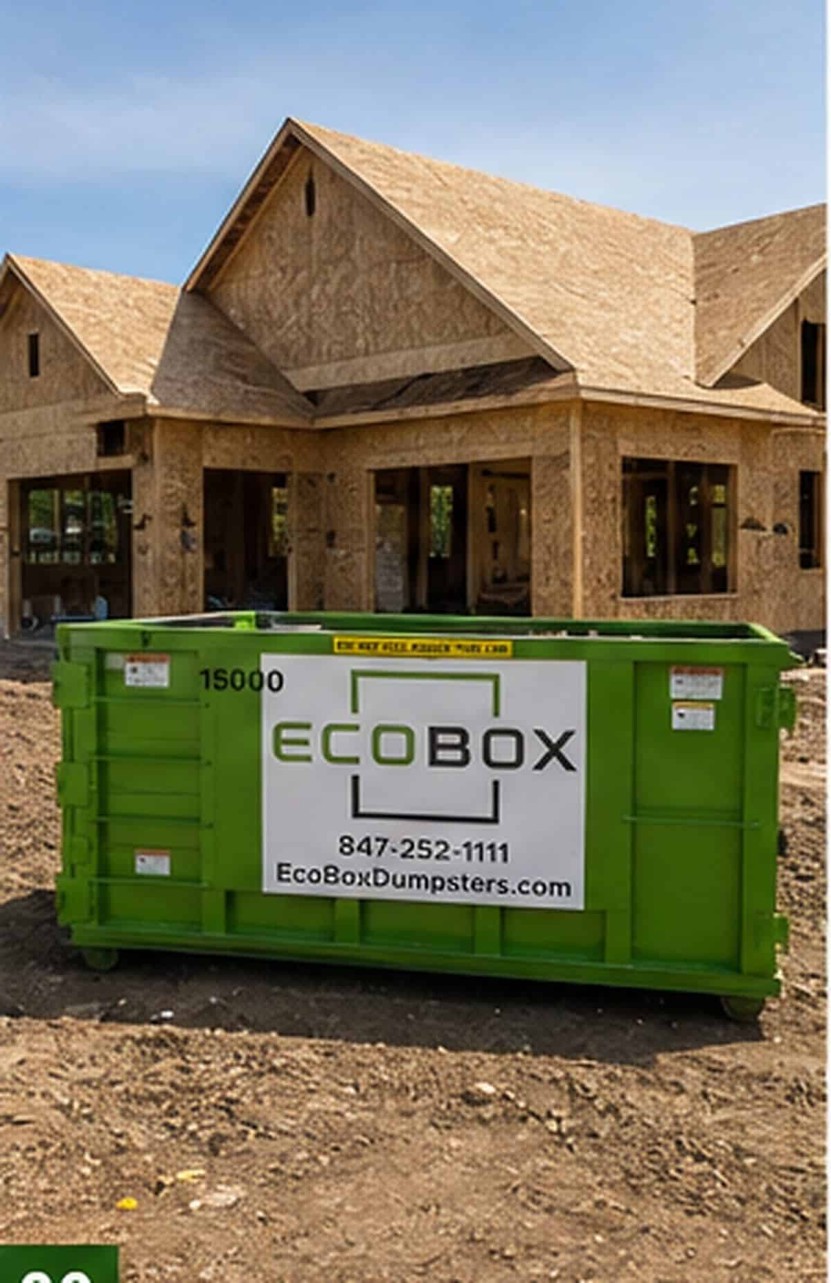 A roll-off dumpster at a house under construction