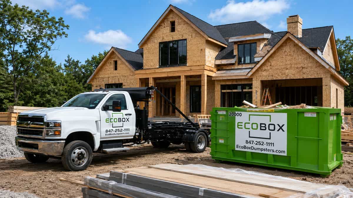 A roll-off dumpster at a house under construction