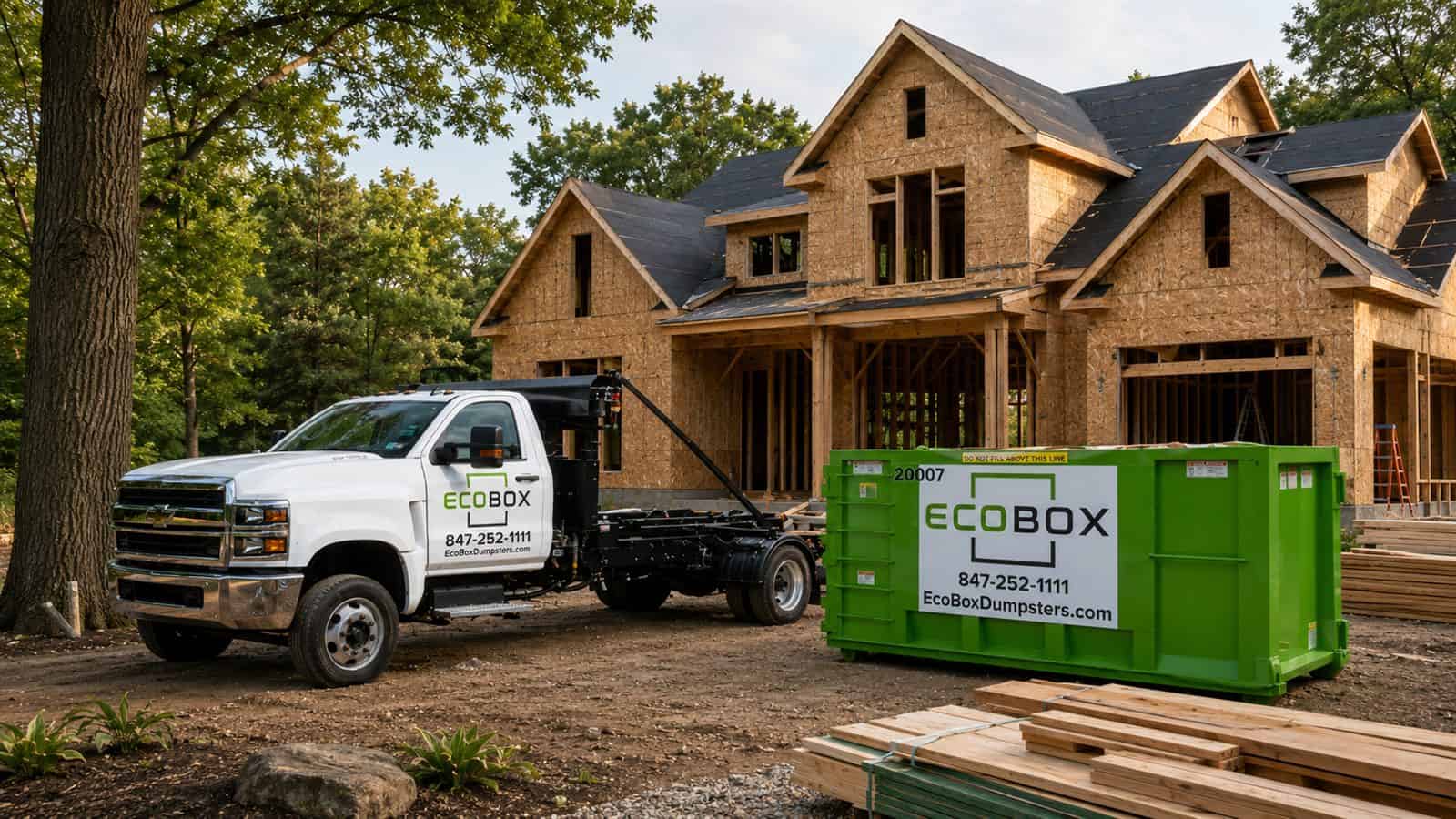 Green EcoBox dumpster at a custom home construction site
