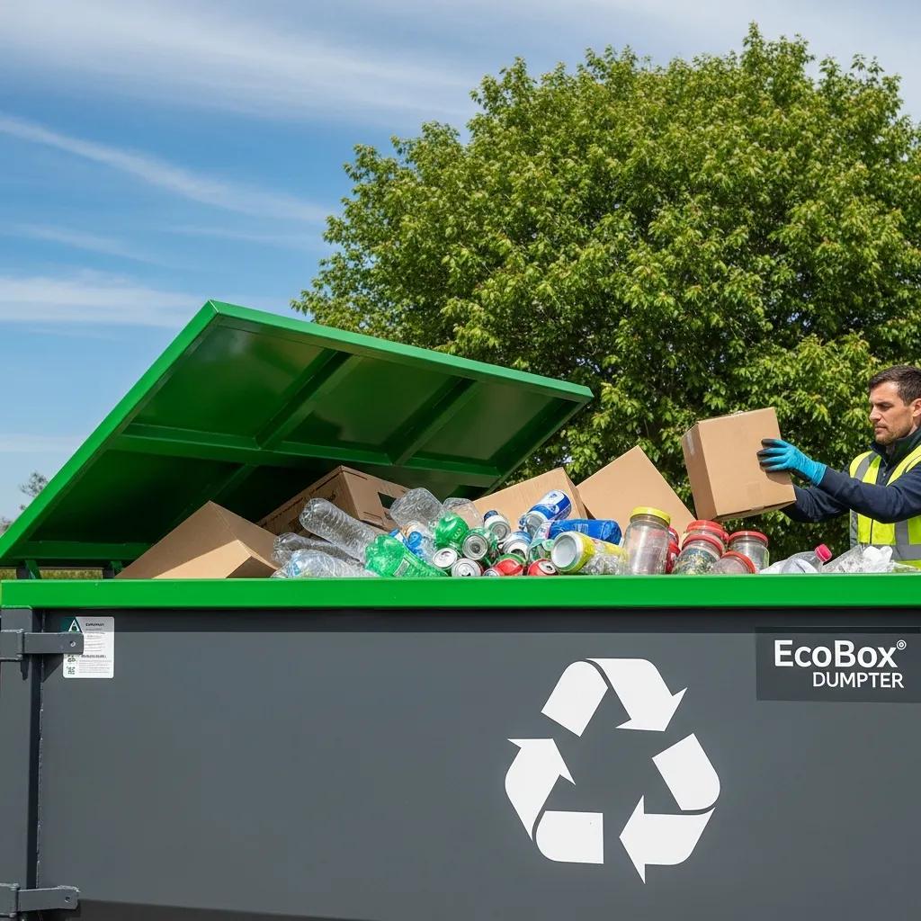 EcoBox dumpster being loaded with recyclable materials, highlighting eco-friendly waste disposal practices