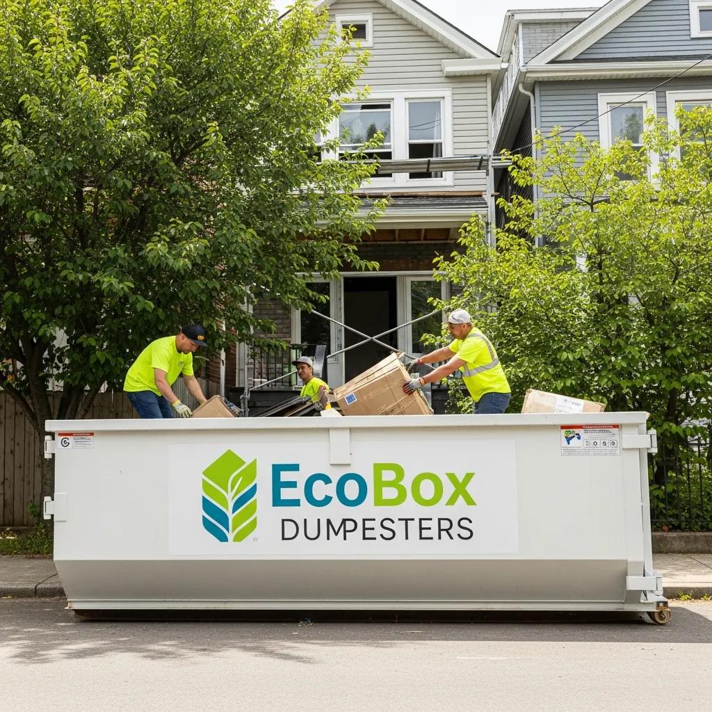 EcoBox Dumpsters in a residential area with workers loading debris, highlighting dumpster rental services