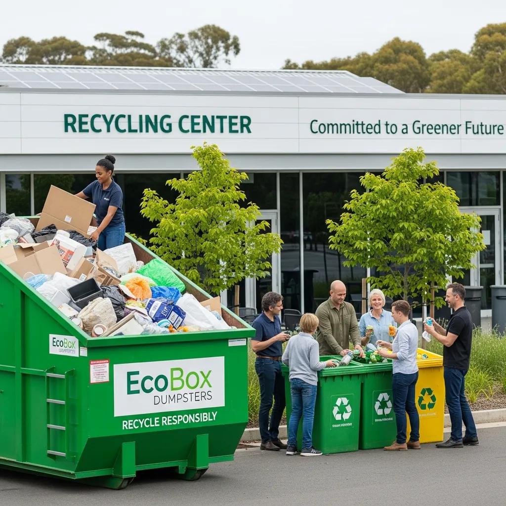 EcoBox Dumpsters promoting eco-friendly waste disposal with recyclable materials being loaded