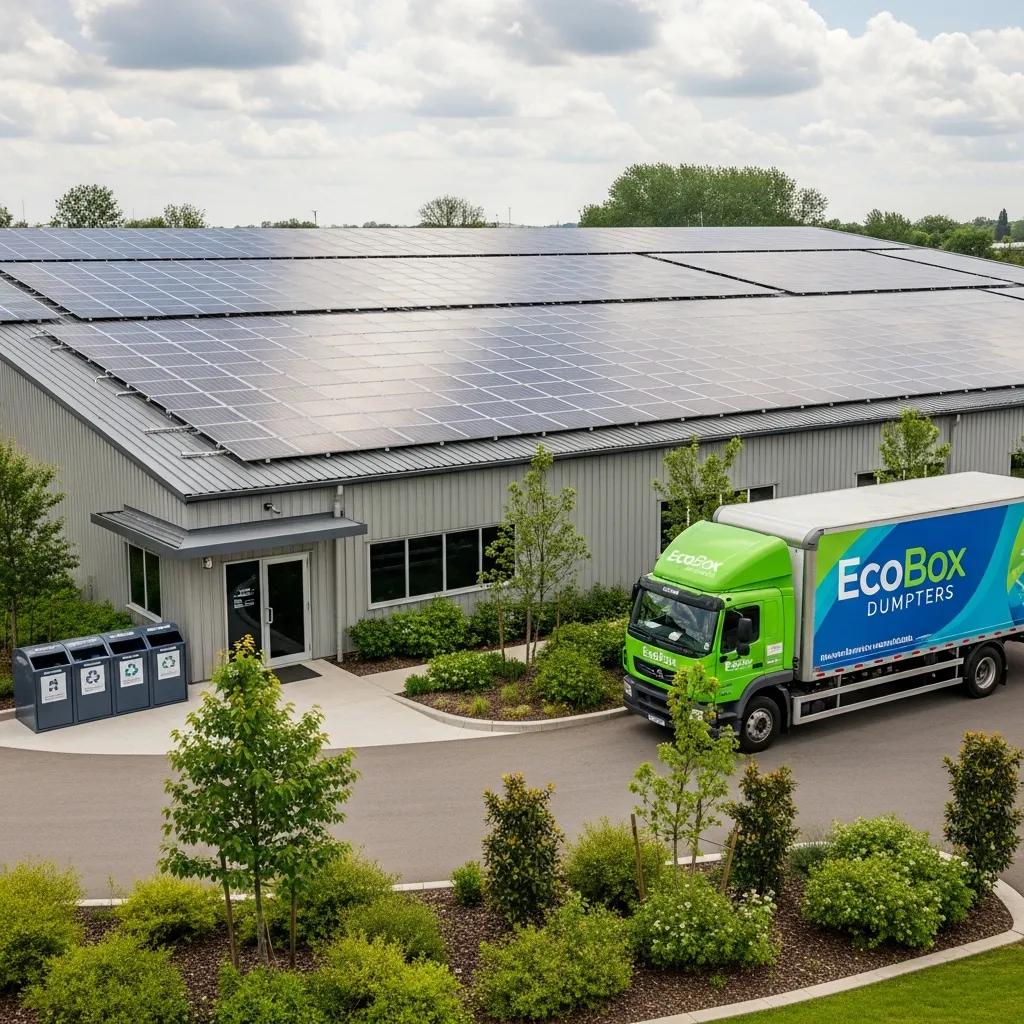 EcoBox Dumpsters' solar-powered facility with fuel-efficient truck and recycling bins