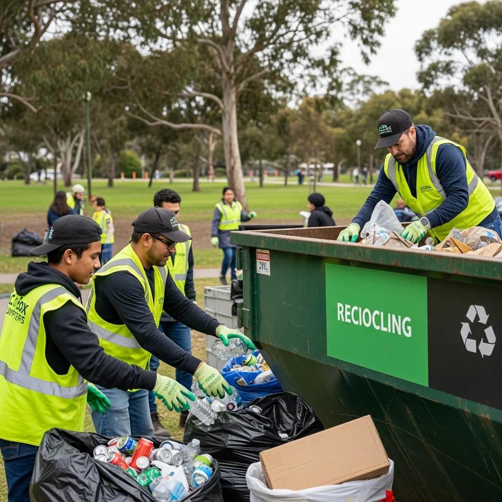 EcoBox Dumpsters team sorting recyclable materials during a community clean-up event
