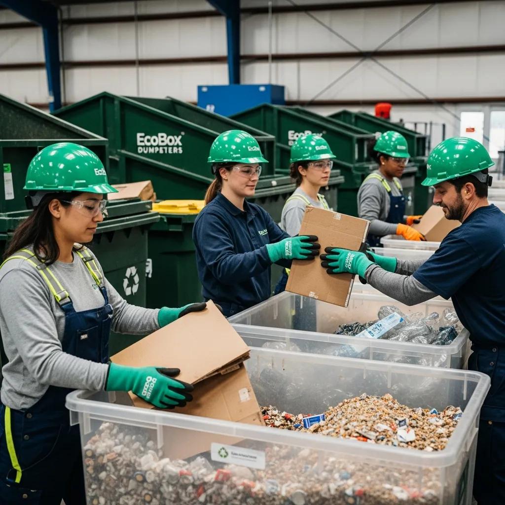 EcoBox Dumpsters team sorting recyclable materials, showcasing commitment to eco-friendly waste disposal