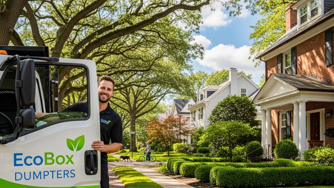 EcoBox Dumpsters truck in Lake Forest neighborhood showcasing local service and community engagement.