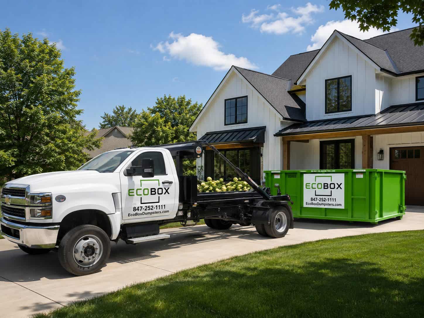 EcoBox truck delivering a green roll-off dumpster to a driveway