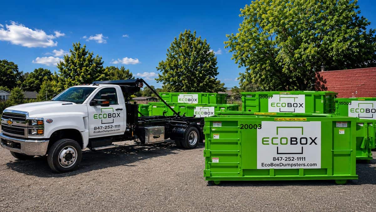 EcoBox roll-off containers and a delivery truck in the yard