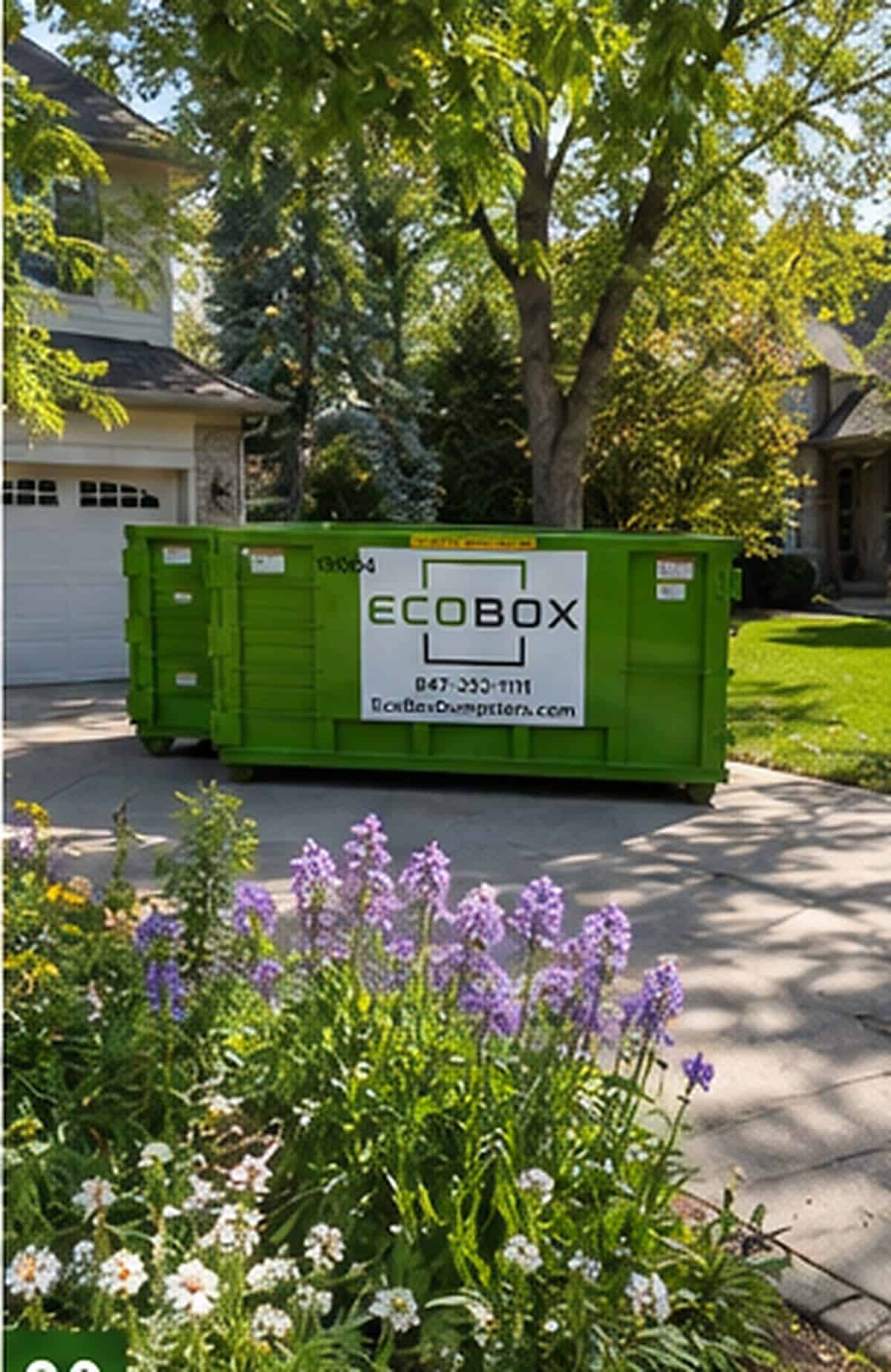 Green EcoBox dumpster on a landscaped residential driveway