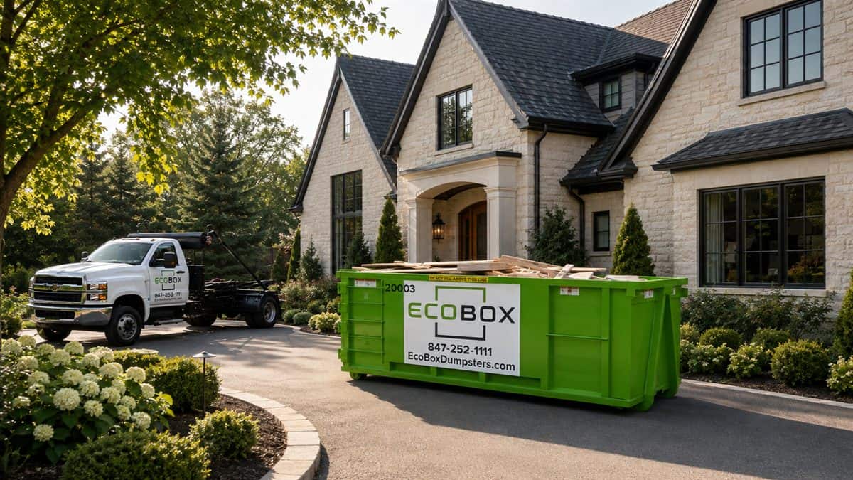 A roll-off dumpster on the driveway of a home being renovated